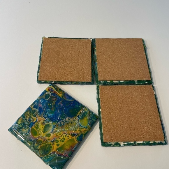 Set of 4 hand painted coasters. Sealed with resin cork backing Blues & greens - Picture 4 of 6